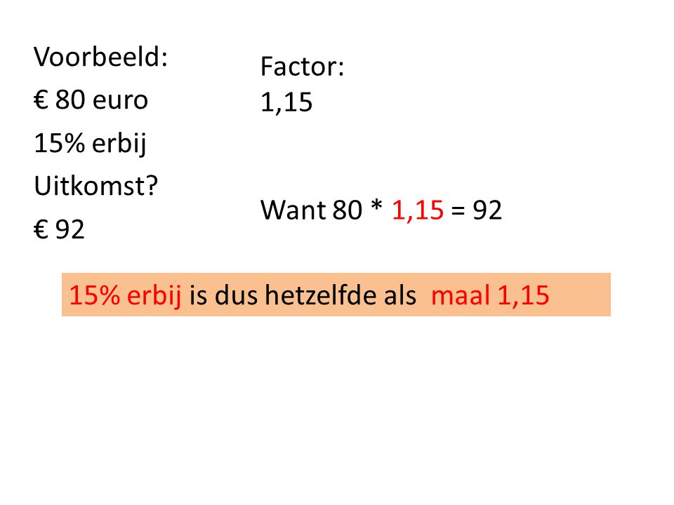 Voorbeeld: € 80 euro 15% erbij Uitkomst € 92