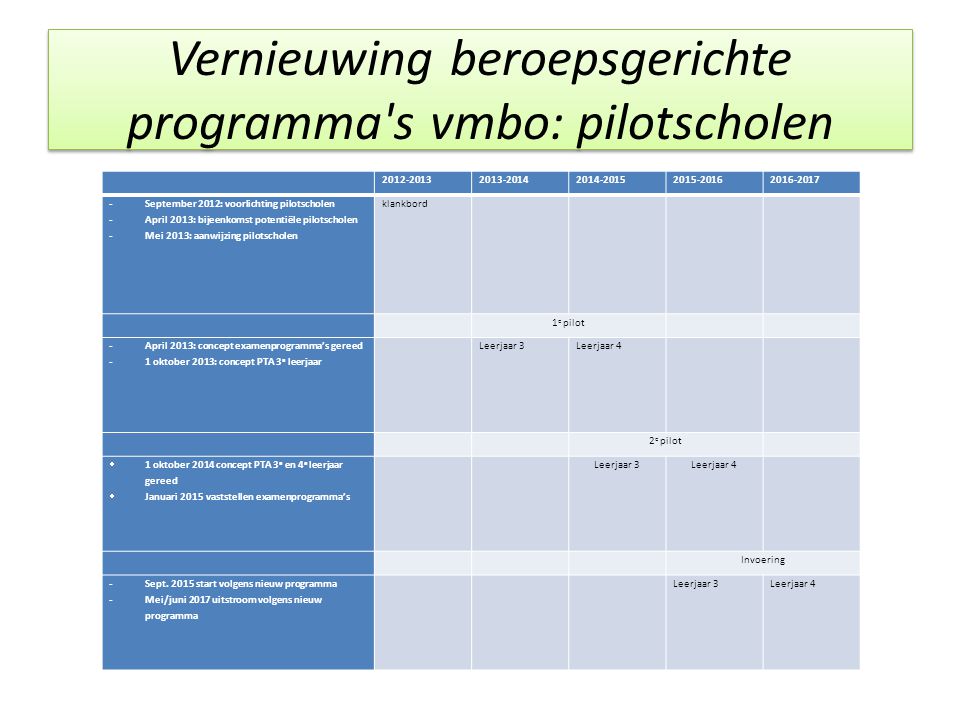 Vernieuwing beroepsgerichte programma s vmbo: pilotscholen