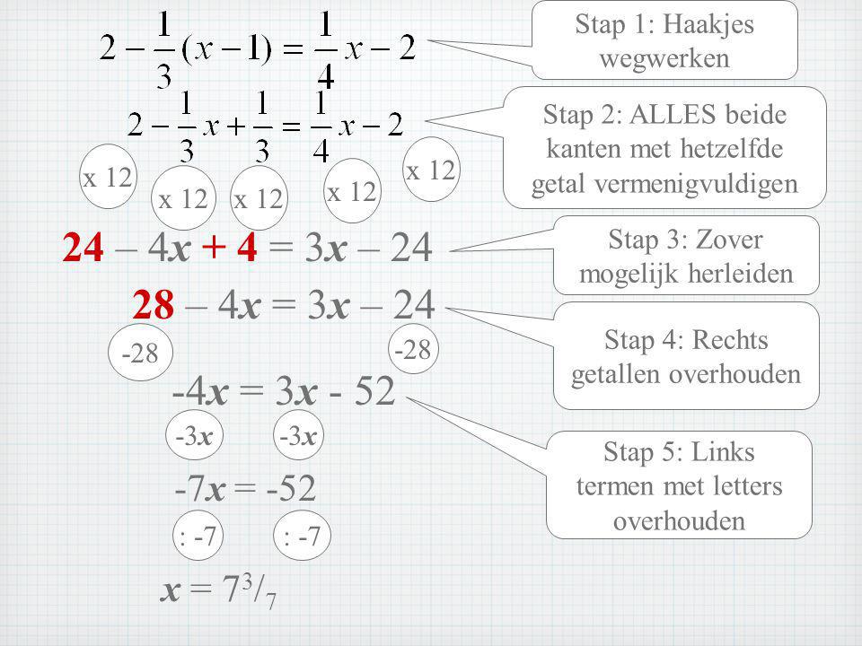 24 – 4x + 4 = 3x – – 4x = 3x – 24 -4x = 3x x = -52