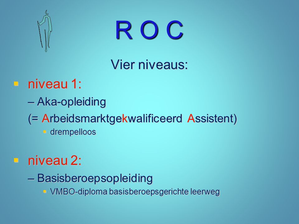R O C Vier niveaus: niveau 1: niveau 2: Aka-opleiding