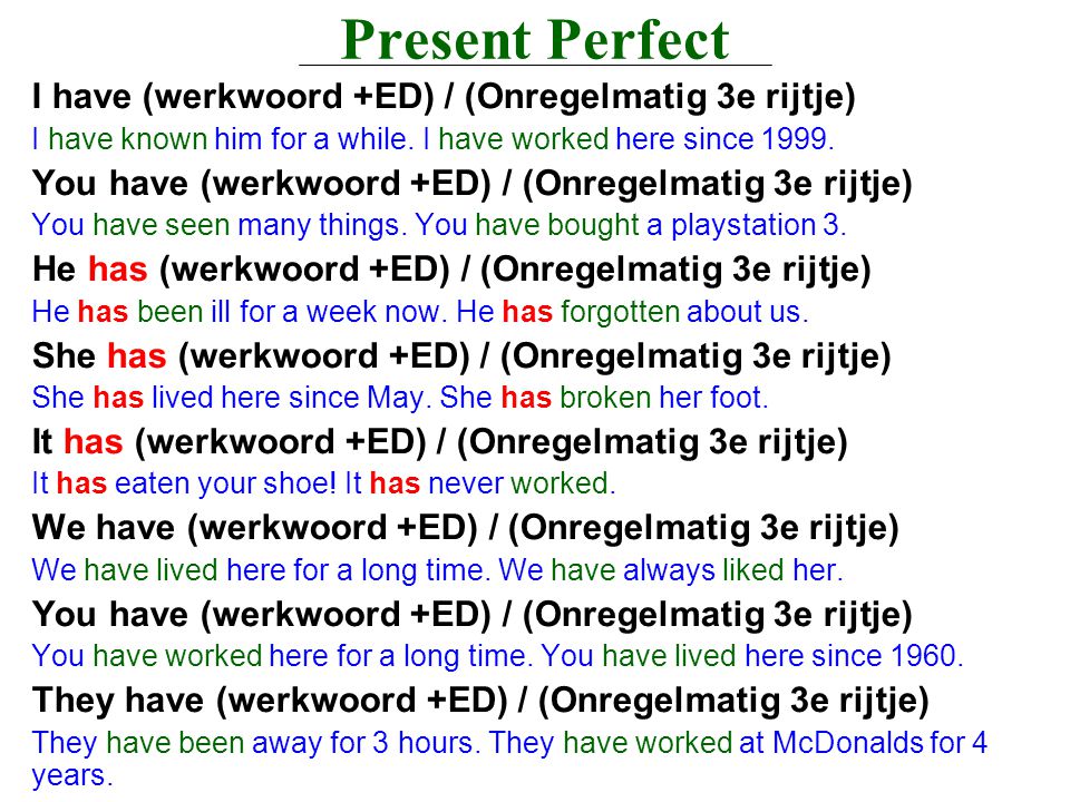 Present Perfect I have (werkwoord +ED) / (Onregelmatig 3e rijtje)