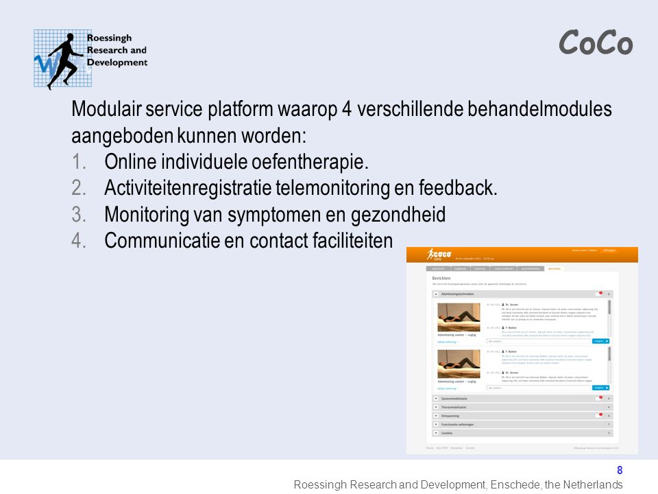 CoCo Modulair service platform waarop 4 verschillende behandelmodules aangeboden kunnen worden: Online individuele oefentherapie.