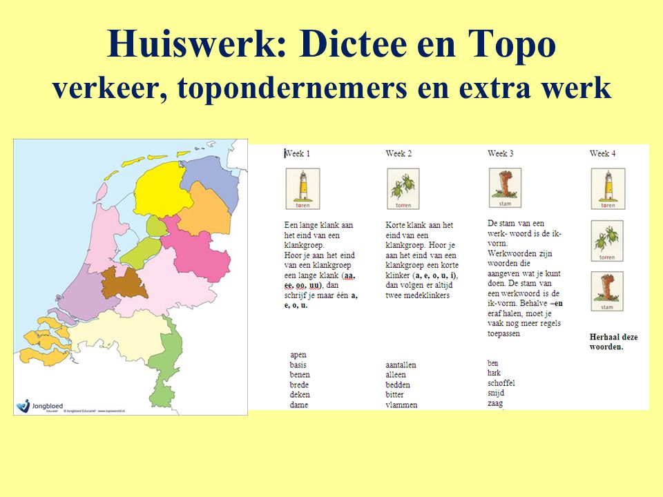 Huiswerk: Dictee en Topo verkeer, topondernemers en extra werk
