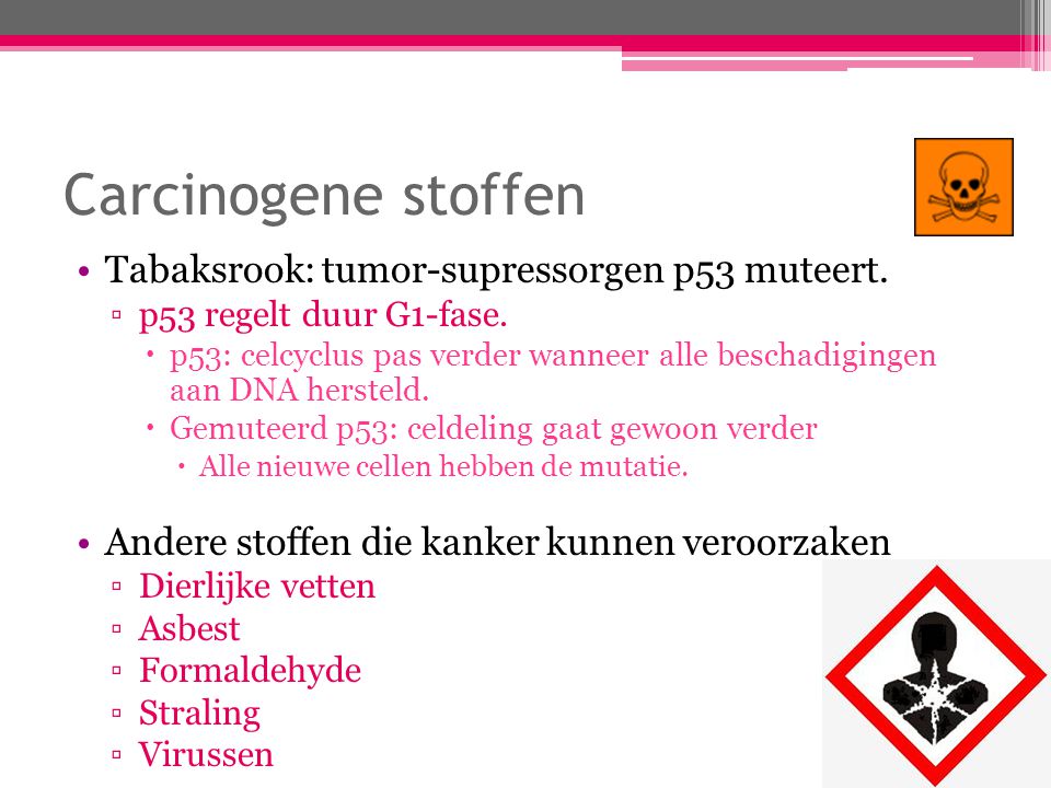 Carcinogene stoffen Tabaksrook: tumor-supressorgen p53 muteert.