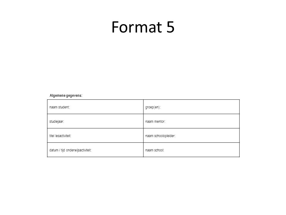 Format 5 Algemene gegevens: naam student: groep(en): studiejaar: