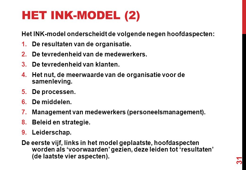 Het INK-model (2) Het INK-model onderscheidt de volgende negen hoofdaspecten: De resultaten van de organisatie.