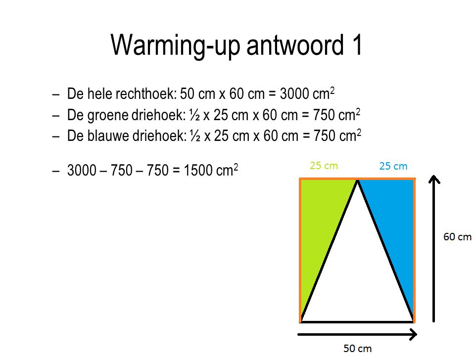 Warming-up antwoord 1 De hele rechthoek: 50 cm x 60 cm = 3000 cm2