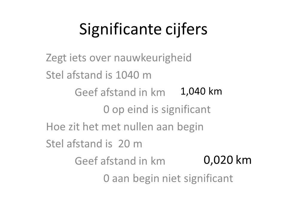 Significante cijfers 0,020 km Zegt iets over nauwkeurigheid