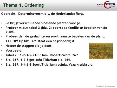 Thema 1. Ordening Opdracht. Determineren m.b.v. de Nederlandse flora.