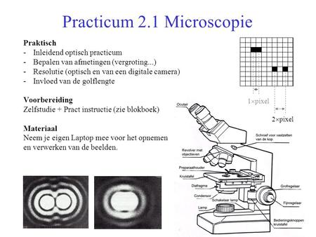 Practicum 2.1 Microscopie Praktisch -Inleidend optisch practicum -Bepalen van afmetingen (vergroting...) -Resolutie (optisch en van een digitale camera)
