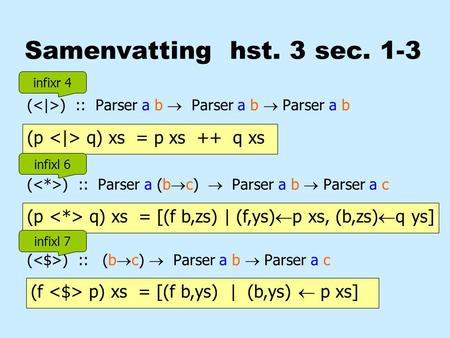 Samenvatting hst. 3 sec. 1-3 ( ) :: Parser a b  Parser a b  Parser a b ( ) :: Parser a (b  c)  Parser a b  Parser a c ( ) :: (b  c)  Parser a b.
