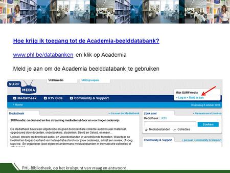 PHL-Bibliotheek, op het kruispunt van vraag en antwoord. Hoe krijg ik toegang tot de Academia-beelddatabank? www.phl.be/databankenwww.phl.be/databanken.