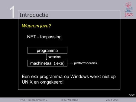 1 Introductie next MCT - Programmeren 2 © S. Walcarius 2003-2004 Waarom java? programma machinetaal (.exe) compilen platformspecifiek Een exe programma.