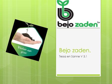 Bejo zaden. Tessa en Sanne V 3.1. Het bedrijf.  Bejo zaden is een bedrijf dat veredeling, productie, bewerking en verkoop doet van kwaliteitszaden. Ze.