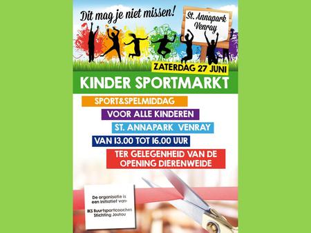  De Kindersportmarkt wordt gehouden op zaterdag 27 juni van 13:00 tot 16:00 uur.  Het is in Venray op het St. Annapark.