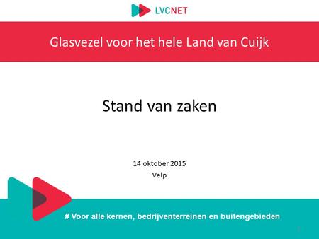 # Voor alle kernen, bedrijventerreinen en buitengebieden Glasvezel voor het hele Land van Cuijk Stand van zaken 14 oktober 2015 Velp 1.