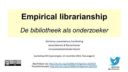 Empirical librarianship ceci n’est pas un texte De bibliotheek als onderzoeker Workshop: presentatie en handleiding Jeroen Bosman & Bianca Kramer Universiteitsbibliotheek.