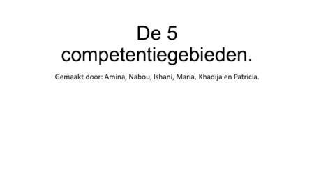 De 5 competentiegebieden. Gemaakt door: Amina, Nabou, Ishani, Maria, Khadija en Patricia.