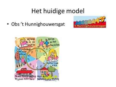 Het huidige model Obs ’t Hunnighouwersgat. Schooltijden groep 1 tot en met 4 Maandag, Dinsdag, Donderdag:08.25 – 11.45Pauze van 10.00 tot 10.25 met pauzehapje.