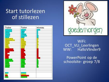 Start tutorlezen of stillezen WiFi: OCT_VLI_Leerlingen WW: HalloVlinder9 PowerPoint op de schoolsite- groep 7/8.