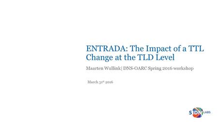 Titeldia ENTRADA: The Impact of a TTL Change at the TLD Level Maarten Wullink| DNS-OARC Spring 2016 workshop March 31 st 2016.