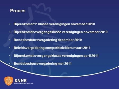 Bijeenkomst 1 e klasse verenigingen november 2010 Bijeenkomst overgangsklasse verenigingen november 2010 Bondsbestuursvergadering december 2010 Beleidsvergadering.