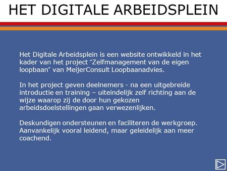 HET DIGITALE ARBEIDSPLEIN Het Digitale Arbeidsplein is een website ontwikkeld in het kader van het project “Zelfmanagement van de eigen loopbaan” van MeijerConsult.