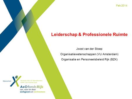 Feb 2014 Leiderschap & Professionele Ruimte Joost van der Stoep Organisatiewetenschappen (VU Amsterdam) Organisatie en Personeelsbeleid Rijk (BZK)