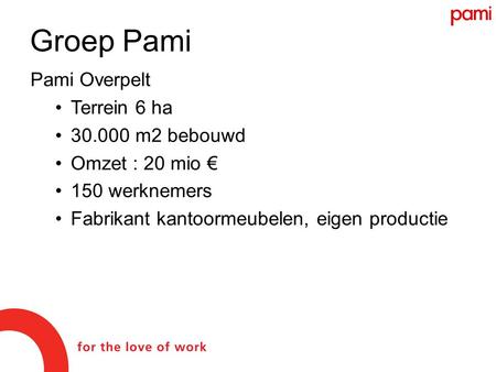 Groep Pami Pami Overpelt •Terrein 6 ha •30.000 m2 bebouwd •Omzet : 20 mio € •150 werknemers •Fabrikant kantoormeubelen, eigen productie.