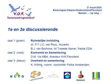 1e en 2e discussieronde zaal 1 (groen)Ruimtelijke inrichting dr. P.T.J.C. van Rooy, Accanto B.J. van Bochove, lid Tweede Kamer, fractie CDA zaal 2 (rood)Economie.