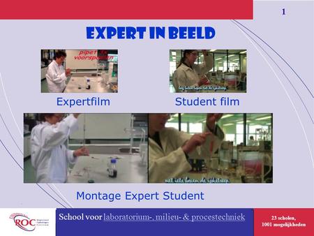 23 scholen, 1001 mogelijkheden 1 School voor Uiterlijke verzorging Expert in Beeld + Expertfilm Montage Expert Student School voor laboratorium-, milieu-