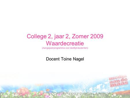 College 2, jaar 2, Zomer 2009 Waardecreatie (Aangepast programma voor deeltijd studenten) Docent Toine Nagel.