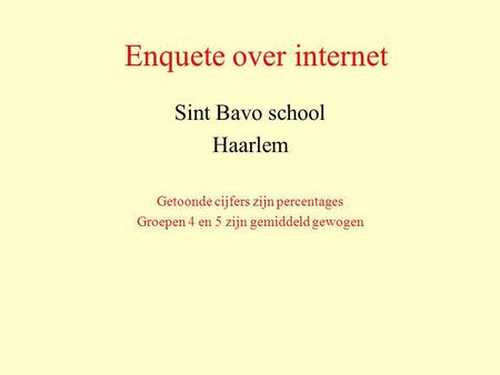Enquete over internet Sint Bavo school Haarlem Getoonde cijfers zijn percentages Groepen 4 en 5 zijn gemiddeld gewogen.