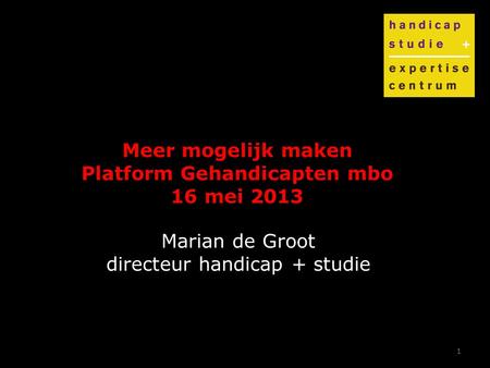 1 Meer mogelijk maken Platform Gehandicapten mbo 16 mei 2013 Marian de Groot directeur handicap + studie.