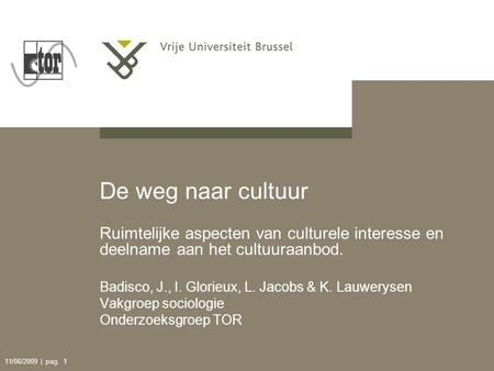 11/06/2009 | pag. 1 De weg naar cultuur Ruimtelijke aspecten van culturele interesse en deelname aan het cultuuraanbod. Badisco, J., I. Glorieux, L. Jacobs.