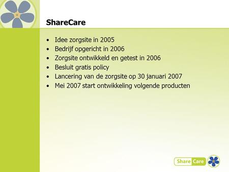 ShareCare Idee zorgsite in 2005 Bedrijf opgericht in 2006 Zorgsite ontwikkeld en getest in 2006 Besluit gratis policy Lancering van de zorgsite op 30 januari.