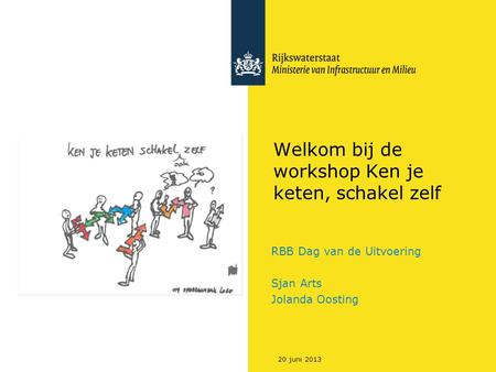 20 juni 2013 Welkom bij de workshop Ken je keten, schakel zelf RBB Dag van de Uitvoering Sjan Arts Jolanda Oosting.