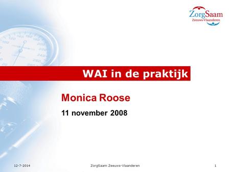 12-7-2014ZorgSaam Zeeuws-Vlaanderen1 WAI in de praktijk Monica Roose 11 november 2008.