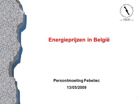 1 Energieprijzen in België Persontmoeting Febeliec 13/05/2009.