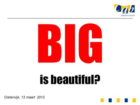 Oisterwijk, 13 maart 2013 BIG is beautiful?. 2 Nederlandse gemeenten 1990:673 gemeenten 2000:537 gemeenten 2012:415 gemeenten 2017:340 gemeenten 2025:100-150.