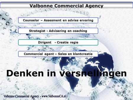 Valbonne Commercial Agency Denken in versnellingen Commercial agent – Sales en klantcreatie Dirigent - Creatie regie Strategist - Advisering en coaching.