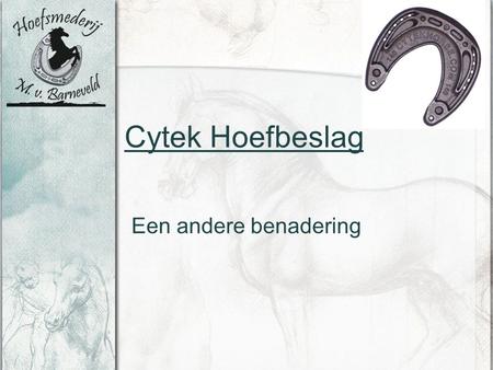 Cytek Hoefbeslag Een andere benadering. Cytek Hoefbeslag Marco v. Barneveld Diploma: Deurne 2000 Cytek beslag sinds 2007 2005: Cytek in NL Beslag met.