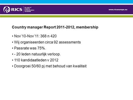 Country manager Report 2011-2012, membership Nov’10-Nov’11: 368 n 420 Wij organiseerden circa 92 assessments Passrate was 75%. - 20 leden natuurlijk verloop.