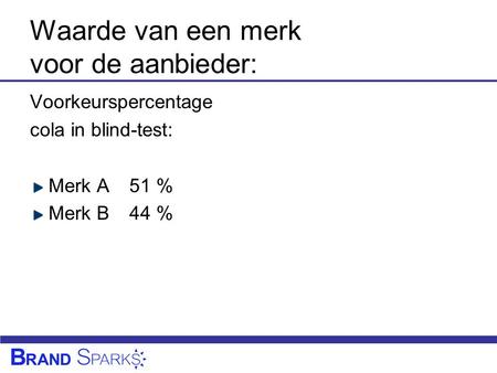 Waarde van een merk voor de aanbieder: Voorkeurspercentage cola in blind-test: Merk A51 % Merk B44 %