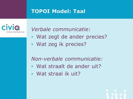 TOPOI Model: Taal Verbale communicatie: Wat zegt de ander precies?