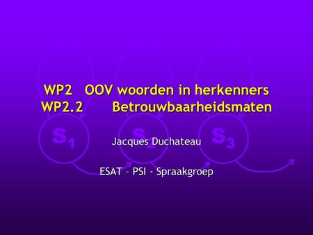 S1S1 S2S2 S3S3 WP2 OOV woorden in herkenners WP2.2 Betrouwbaarheidsmaten Jacques Duchateau ESAT – PSI - Spraakgroep.