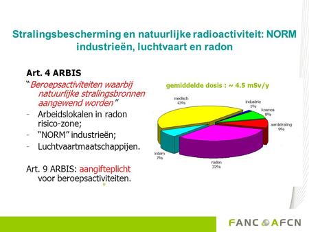 Stralingsbescherming en natuurlijke radioactiviteit: NORM industrieën, luchtvaart en radon Art. 4 ARBIS “Beroepsactiviteiten waarbij natuurlijke stralingsbronnen.