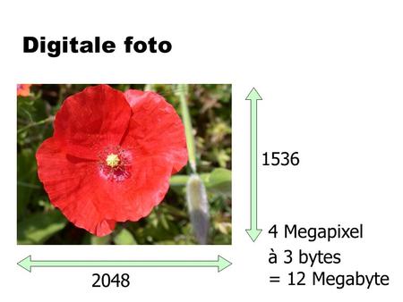 Digitale foto 2048 1536 4 Megapixel à 3 bytes = 12 Megabyte.