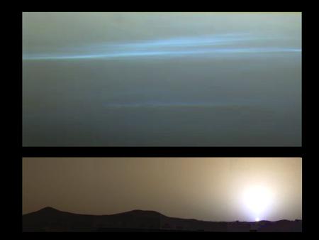 Pathfinder opnames: wolken (waterijskristallen) op 10-15 km hoogte zien er blauw uit, tegen een donkerder achtergrond. Zonsondergang toont verstrooiing.