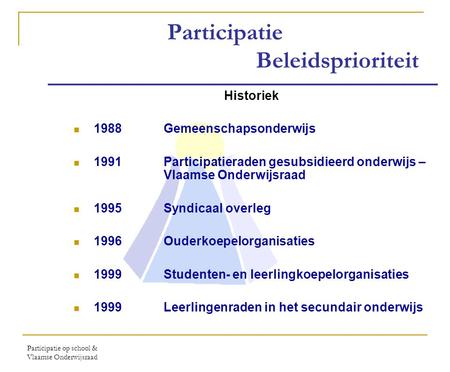 Participatie op school & Vlaamse Onderwijsraad Participatie Beleidsprioriteit Historiek 1988Gemeenschapsonderwijs 1991Participatieraden gesubsidieerd onderwijs.